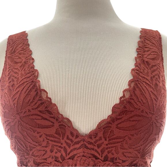 Aerie Lace Deep Plunge Partially Sheer Ribbed Back Bralette Top Size Medium - Picture 2 of 7